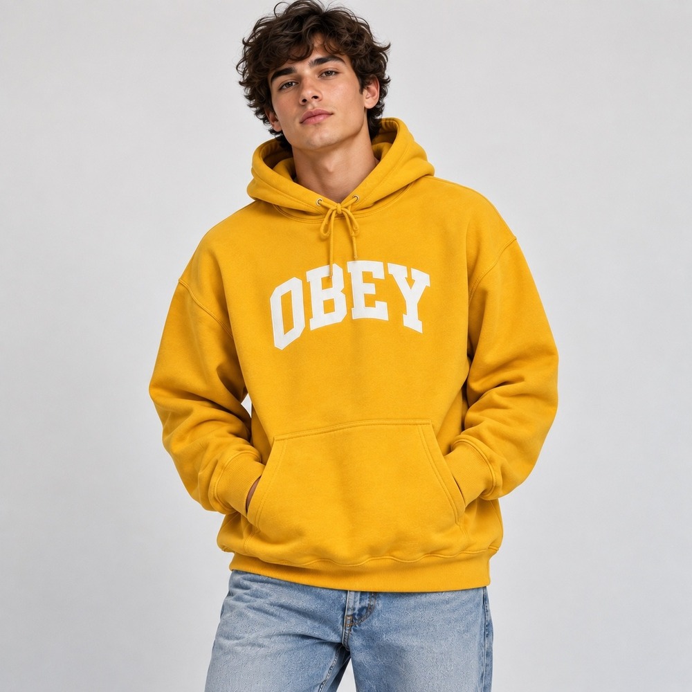 Obey Worldwide Mustard Yellow Arched Logo Hoodie Mens Large Streetwear Fleece